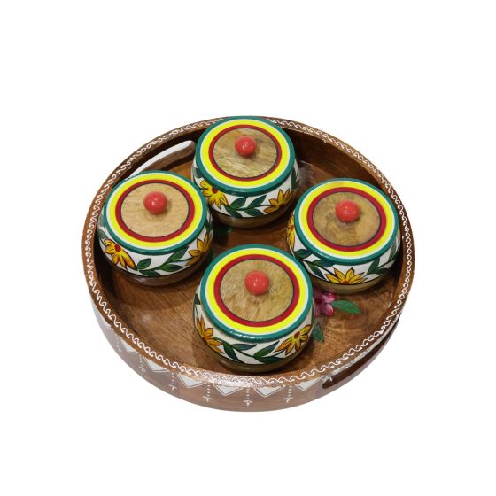 Wooden Round Tray With 4 Barni || Decorative Item for Kitchen || Saras Aajeevika