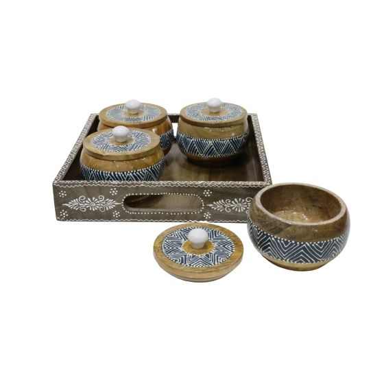 Wooden Square Tray With 4 Barni || Decorative Item for Kitchen || Saras Aajeevika