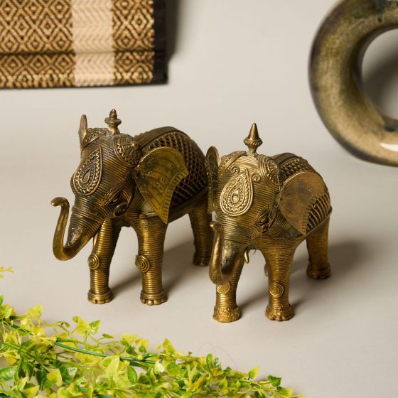 Dhokra Art Brass Elephant 6.5" (Set of 2) || Saras Aajeevika