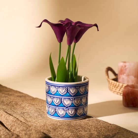 Khurja Pottery Indoor Pot Pipe Shape Sky Blue Colour Small Size 4 Inches