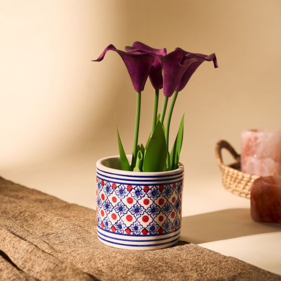 Khurja Pottery Indoor Pot Pipe Shape Red and Blue Colour Small Size 4 Inches