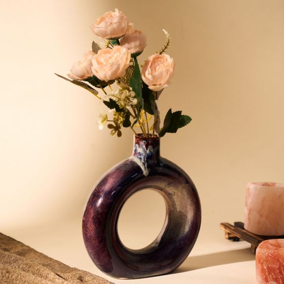 Khurja Pottery Flower Vase Ring Shape Plain Brinjal Colour 8 Inches