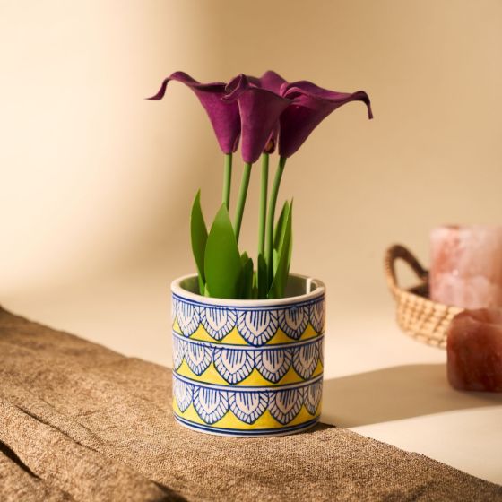 Khurja Pottery Indoor Pot Pipe Shape Yellow Colour Small Size 4 Inches || Saras Aajeevika