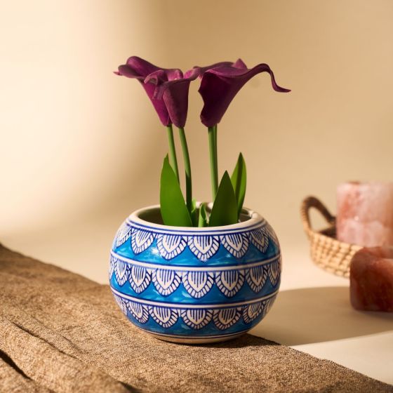 Khurja Pottery Outdoor Pot Apple Shape Sky Blue Colour Large Size 6 Inches || Saras Aajeevika