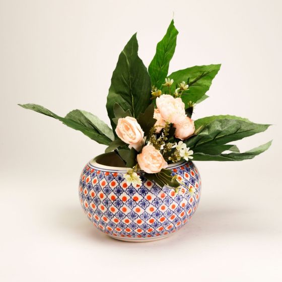 Khurja Pottery Outdoor Pot – Apple Shape, Red & Blue, Large Size (6 Inches)