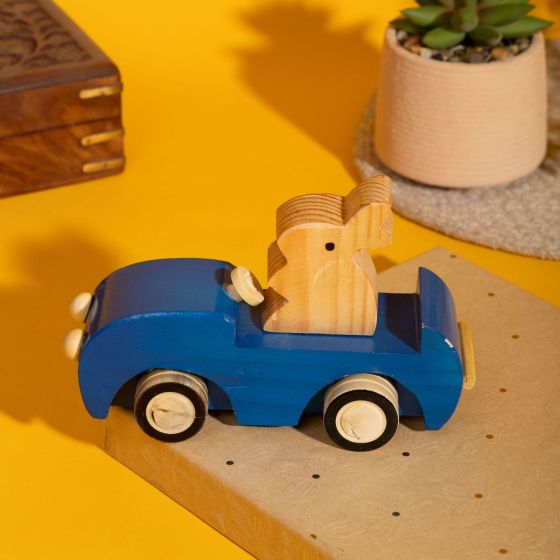 Handcrafted Wooden Parrot Car Toy – Blue Finish with Natural Wood Accents