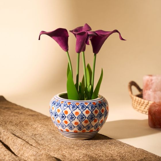 Khurja Pottery Indoor Pot Apple Red And Blue Colour Medium Size 4 Inches || Saras Aajeevika