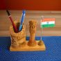 Pen Stand With Ashoka Piller & Indian Flag (5) || 4 Inch || Natural Color || Saras Aajeevika