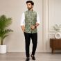 Men's Sleeveless Jacquard Jacket || Light Green Colour || Peacock Print || Saras Aajeevika