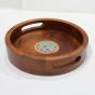 Blue Pottery Wooden Round Tray/ Offwhite || Saras Aajeevika