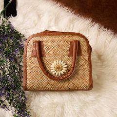 Handmade Bamboo Ladies Hand Bag || Natural Brown Color || Flower Design on It || Saras Aajeevika
