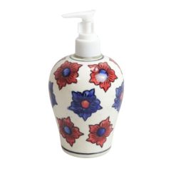 Khurja Pottery Dispenser|Handwash Bottle|Refillable soap dispenser with Pump Big White Blue Red Flower 