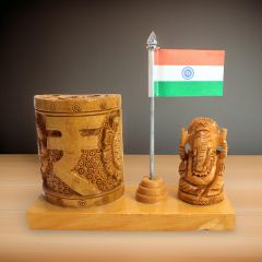 Pen Stand With Indian National Flag & Lord Ganesh (3) || 4 Inch || Natural Color || Saras Aajeevika