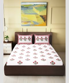 Cotton Hand Block Double Bedsheet || White & Red Flower || 93×108 inch || Saras Aajeevika