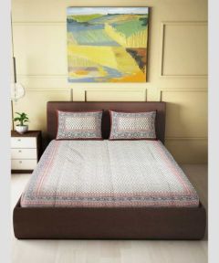 Bedsheet With Pillow Cover Block Print Black Flower W Brown Border 90 x 108