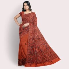 Madhubani Painting Pure Silk Saree with Blouse || Orange || Saras Aajeevika