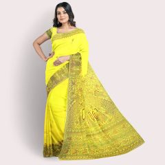 Madhubani Painting Chanderi Silk Saree Ram Sita Jaimala Design || Yellow || Saras Aajeevika