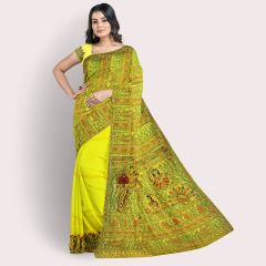 Madhubani Painting Chanderi Silk Saree Sita Pulwari Design || Yellow || 6.5 Mtr || Saras Aajeevika