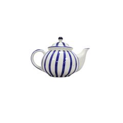 Khurja Pottery Tea Pot White Blue Line Round