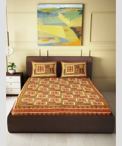 Bedsheet Block Print Cotton || King Size Bedsheet With 2 Pillow Covers || Yellow 90*108 inch || Saras Aajeevika