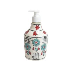 KHURJA POTTERY Dispenser Big White Sky Blue Flower | Hand Paited Ceramic Liquid Soap Dispenser with Pump| Bathroom Liquid Soap Dispenser |Kitchen Liquid Soap Dispenser