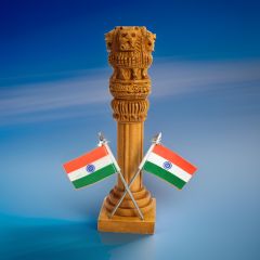 Wooden Ashoka Piller 8" With Two National Flags || Office Decorative Item || 8 Inch || Natural Color || Saras Aajeevika