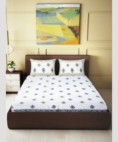 Cotton Jute Bedsheet White & Green Line 93×108 || Saras Aajeevika