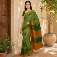 Ilkal Cotton Saree Small Checks || Green Colour & Green Pallu with 80cm Blouse || Saras Aajeevika