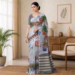 Handloom Handpainted Cotton Saree with Blouse 6.65 Mtr || Grey Colour || Saras Aajeevika 