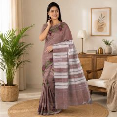 Handloom Handpainted Cotton Saree with Blouse 6.65 Mtr || Brown Colour || Saras Aajeevika