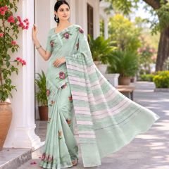 Handloom Handpainted Cotton Saree with Blouse 6.65 Mtr || Green Colour || Saras Aajeevika