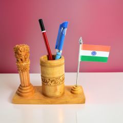 Pen Stand with Ashoka Piller & Indian Flag 3" (4) || 4 Inch || Natural Color || Saras Aajeevika