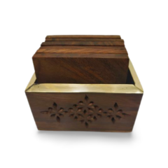 Handcrafted Wooden Coaster Set with Brass Inlay – Floral Carving (Set of 6)