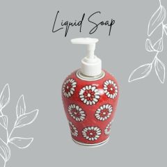 Khurja Pottery Dispenser Big Red White Flower | Hand Paited Ceramic Liquid Soap Dispenser with Pump| Bathroom Liquid Soap Dispenser |Kitchen Liquid Soap Dispenser