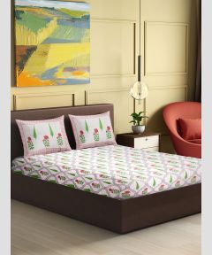Cotton Hand Block Double Bedsheet || White & Red Flower 2 || 93×108 inch || Saras Aajeevika