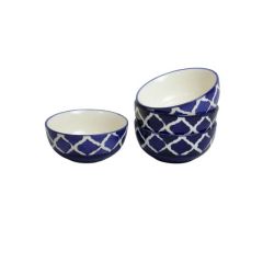 Khurja Pottery Bowl Blue White || Handcrafted Glossy Ceramic Serving Soup Bowl White & Blue Colour (Set of 4 Pcs) || Saras Aajeevika