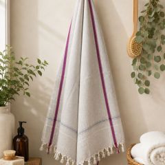 Handloom Cotton Towel 1.75 meter || Color Light Grey, Purple Line || Set of 2 || Saras Aajeevika