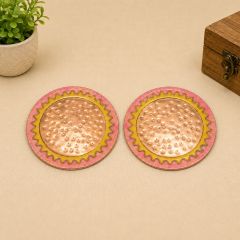 Copper Meenakari Coaster || Pink & Yellow Colour || 3.5 inch || Set of 2 || Saras Aajeevika