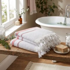 Handloom Cotton Towel 1.75 meter || Color White, Red Line || Set of 2 || Saras Aajeevika