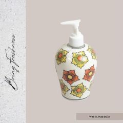 Khurja Pottery Dispenser Big Yellow Orange Flower | Hand Paited Ceramic Liquid Soap Dispenser with Pump| Bathroom Liquid Soap Dispenser |Kitchen Liquid Soap Dispenser