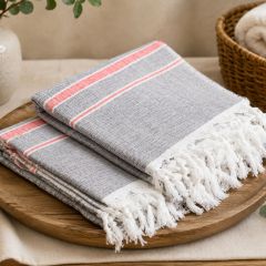 Handloom Cotton Towel 1.75 meter || Color Black, Grey & Red Line || Ser of 2 || Saras Aajeevika