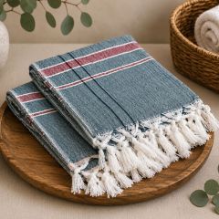Handloom Cotton Towel 1.75 meter || Color Green & Red Line || Set of 2 || Saras Aajeevika