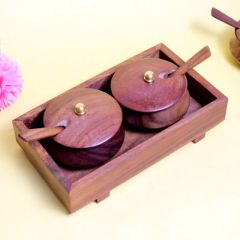 Handcrafted Wooden Masala Container Set of 2 with Tray – Spice Box for Kitchen & Dining