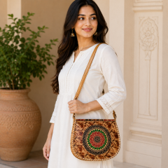 Camel Leather Shantiniketan Ladies Handbag  8 inch || R&G Flower || Saras Aajeevika