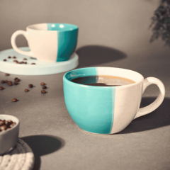 Khurja Pottery Soup Cup Set Of 2|Handmade mugs | Kitchenware |Home Essentials | Blue Color With White