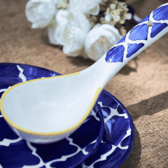 Khurja Pottery Serving Spoon Rnd Wht + Blu Clr 9" || Saras Aajeevika