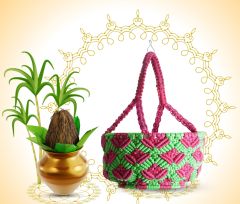 Macrame Pooja Basket Green & Dark Pink || Saras Aajeevika