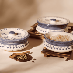 Khurja Pottery Donga  3Pc Wht+ Grey Line 8 Handpainted | Kitcen ware | Home Décor | White and Grey