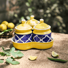 Khurja Pottery Jar + Tray Yellow Blue 3+1| Hand painted | Kitchen ware | Home Décor | Yellow and blue 