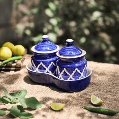 Khurja Pottery Jar + Tray Blue Geometric Shape 2+1| Hand painted | Kitchen ware | Home Décor | Blue